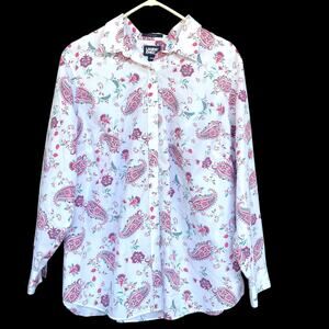 Lands End Shirt Womens 18W White Pink Paisley Floral Button Up No Iron Supima